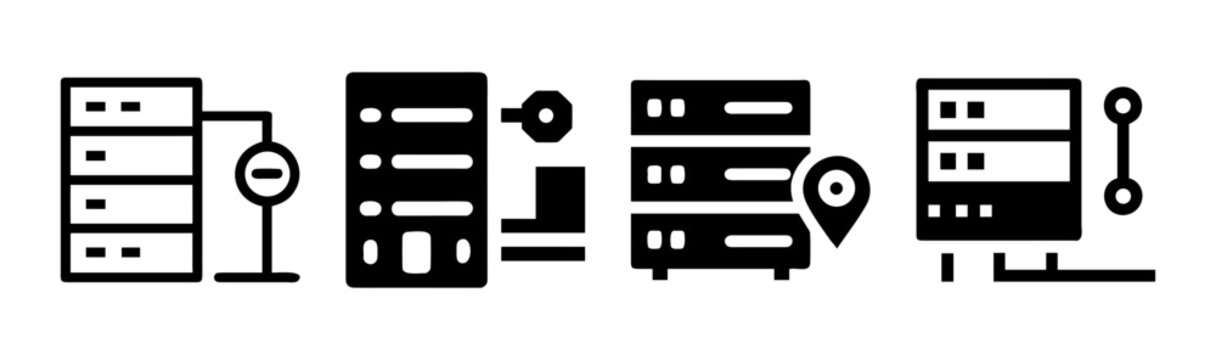 Colocation server rack space icons with network connection and location pin