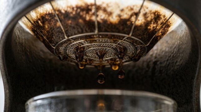 Close-up of coffee brewing process, filter and glass.