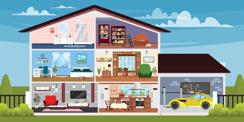 Fototapeta premium Vector illustration of a three-story house cutout. Cartoon landscape scene with suburban house, modern interiors: garage with car, living room, kitchen, children's room, study workspace, library.