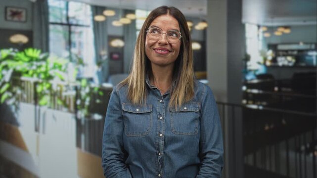 Woman wearing glasses smiling with hands resting and denim shirt visible in a building cafe interior; contentment reflection.