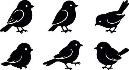 Naklejka premium Black silhouette birds in different poses vector art collection