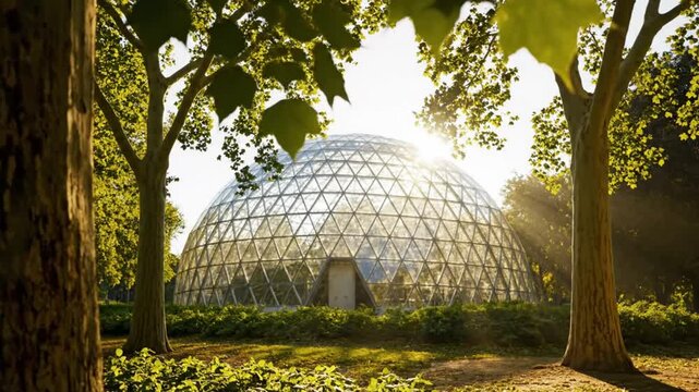 Glass geodesic dome greenhouse in a park with sunlight streaming through trees, nature setting