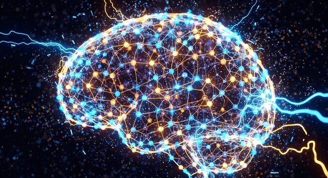 A futuristic digital illustration of a human brain with glowing neural connections and lightning bolts in space