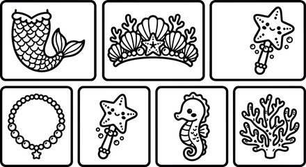 Obraz premium Black and white line art mermaid tail seashell crown starfish wand necklace seahorse and coral icons