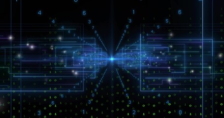 Obraz premium Radiating central blue light converging through data tunnel with circuit lines, floating digits
