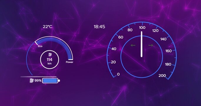 Displaying vehicle dash interface on purple network, showing right speedometer and left gauge 99%