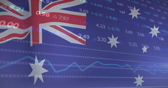 Showing Aussie flag merging with Union-Jack, Commonwealth-Star, Southern-Cross, tickers, blue chart