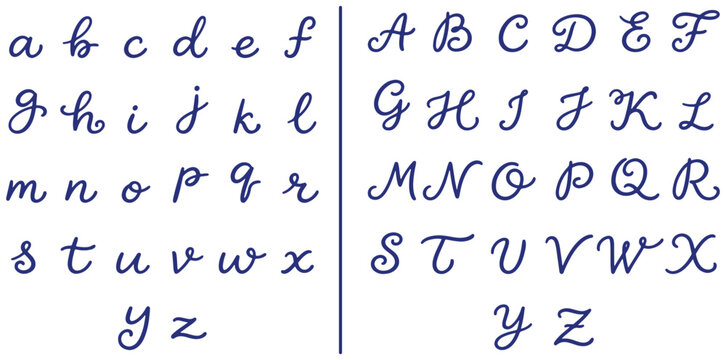 A beautiful alphabet chart displaying lowercase and uppercase cursive letters in blue ink on a white background silhouette