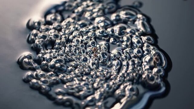 Molten metallic liquid closeup revealing bubbling silver pool, dense microbubbles, high gloss chrome reflections, studio lighting, slow motion surface dynamics,