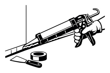 Obraz premium Hand holding a caulk gun, applying sealant to a surface. Nearby spatula and adhesive tape ready for fixing and sealing work