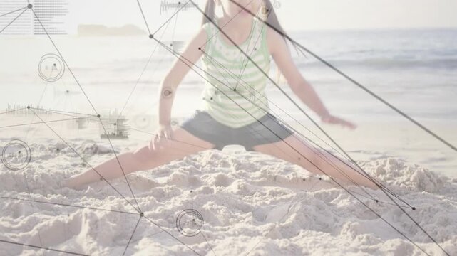 HUD appearing child opening legs sitting split bracing lifting arm smiling for greeting
