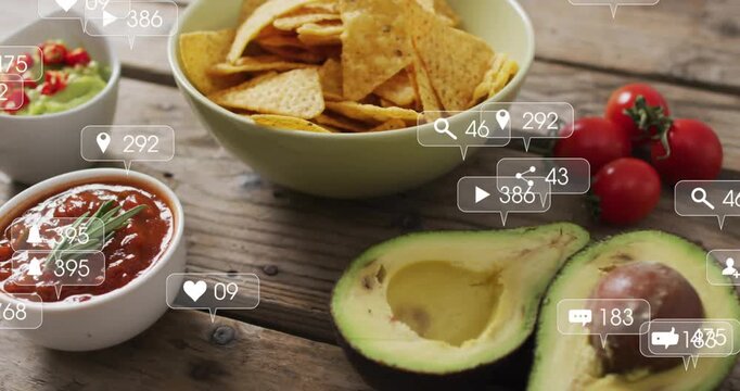 Social badges appearing near chips floating clustering shifting right to avocado showing engagement