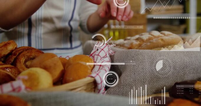 Close shot opening hands arranging rolls, loaves, smoothing cloth while HUD overlays for display