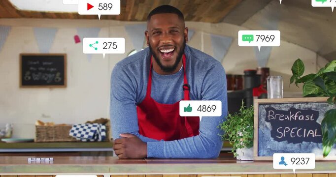 Barista leaning on counter, social media buzz sparking animated likes or comments piling over face