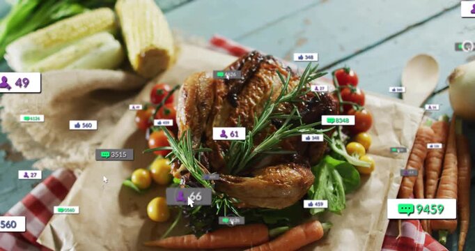 Roast chicken on table cursor hovering showing engagement overlays grouping above roast fading away