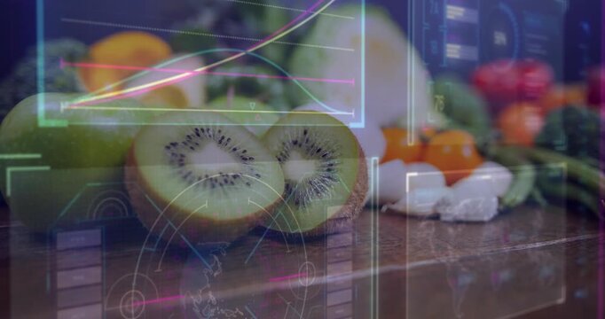 HUD overlay appearing, scanning halved kiwi visualizing produce data, graph rising, circles glowing