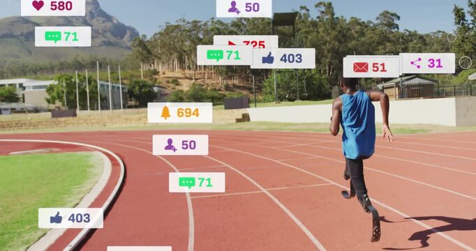 Male teenager sprinting on red track, notifications appearing seconds later, runner continuing lap