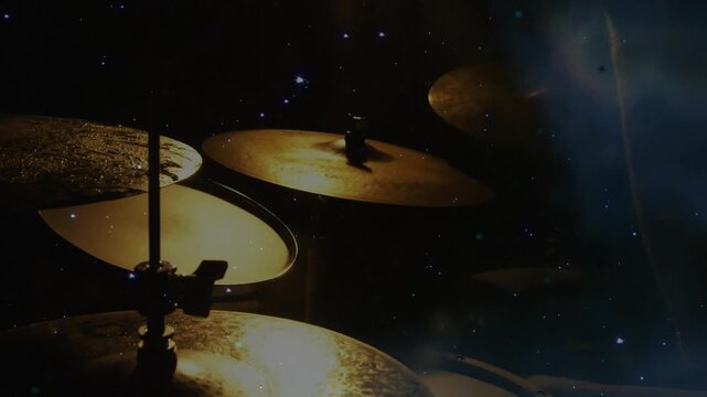 Drummer hands entering right, striking cymbals toms, playing music under warm light, stars over kit