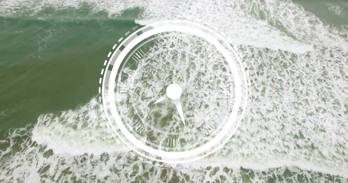 Marine tech HUD appearing over foam, pulsing and morphing while camera pulling back, tracking swell