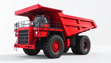 Obraz premium Large Red Mining Dump Truck with Six Tires on White Background