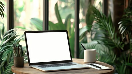 Fototapeta premium Laptop computer with blank screen sitting on a wooden table surrounded by lush green indoor plants near a window for a bright workspace