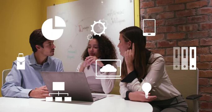 Lead gesturing, team tapping laptop and pointing, icons marking charts for business presentation