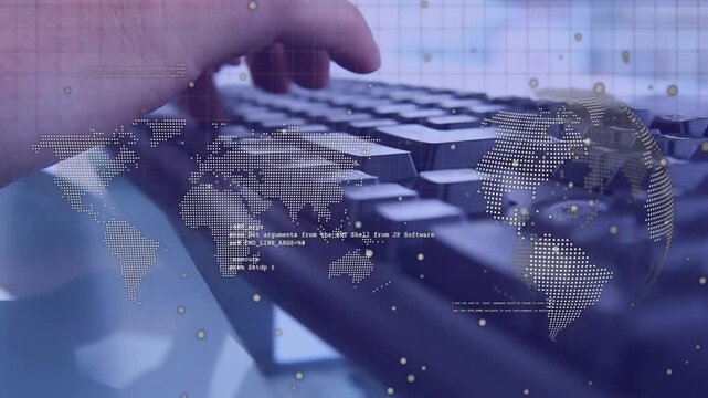 Coder hand moving onto keyboard typing code shifting center showing tech globe overlays over keys