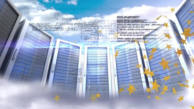 Displaying semicircular server cabinets against blue sky with low mist, code overlay and gold stars