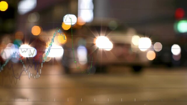 Two pedestrians crossing night street, market data arriving animating finance chart over car lights