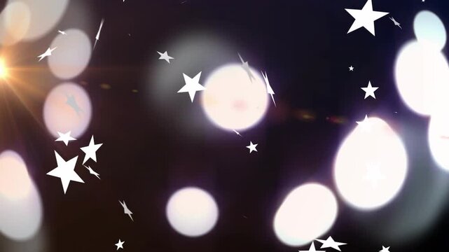 Lens flare sparking white stars drifting rotating while bokeh orbs shifting to form decor overlay