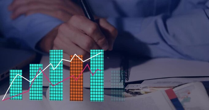 Man writing in notebook, triangle graphic growing into finance chart overlaying desk tracking sales