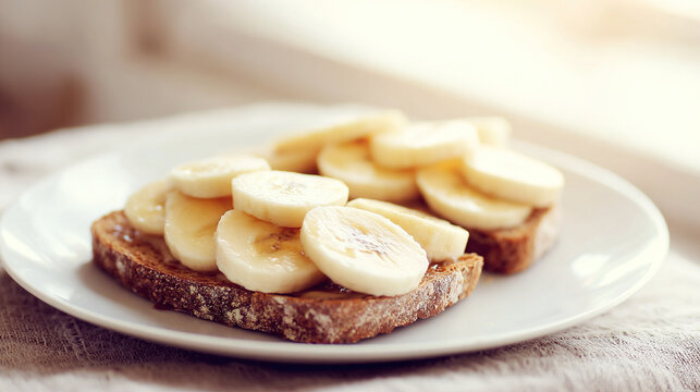 Sliced banana on toast with maple syrup