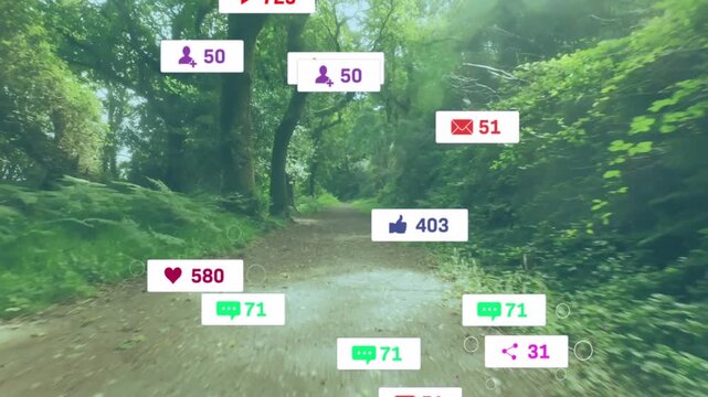 Camera moving along forest trail, cursor hovering and spawning floating icons showing digital noise