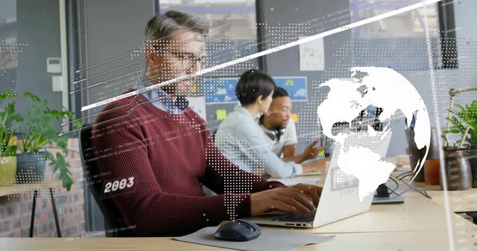 Man in sweater typing at laptop activating globe overlay and year markers visualizing business data
