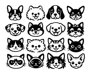 Fototapeta premium Assortment of cartoon dog and cat faces depicting a range of breeds, emotions, and traits in a minimalist icon design