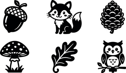 Naklejka premium Woodland animals and forest elements including fox owl mushroom acorn pine cone leaf