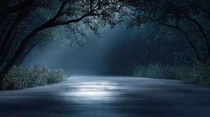 Obraz premium Mysterious Forest Path at Dusk with Reflective Water