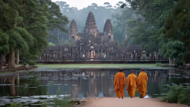 Angkor Wat temple complex reflected in still lotus pond at dawn, stone faces emerging from jungle mist, saffron-robed monks walking ancient corridors in single file, perfect for sp_4