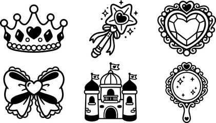 Obraz premium Black and white line art princess crown magic wand heart bow castle and mirror icons