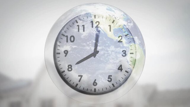 Vertical video: Animating round clock hands sweeping jumping reversing in studio globe showing time