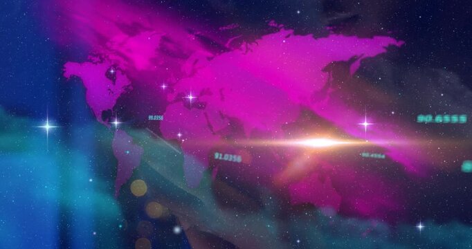 Magenta map glowing over space, stars rushing and lighting core, showing numeric tags for broadcast