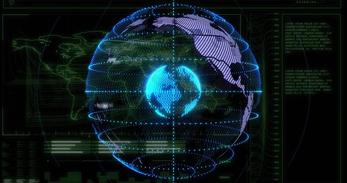 Pin icon appearing holo Earth assembling purple land panels rotating updating HUD for monitoring