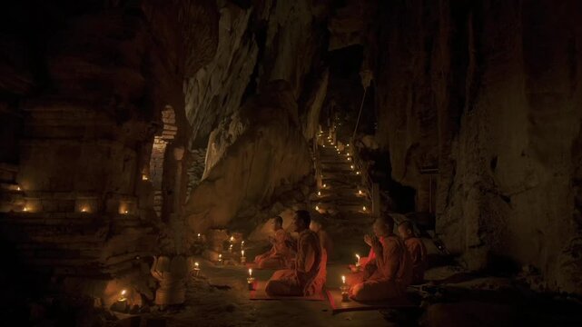 Buddhist monks sitting in meditation during a religious ceremony inside a dark, ancient cave