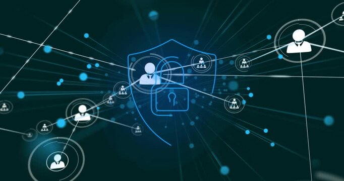 Central user node pulsing sending lines forming group nodes shield rising securing business network