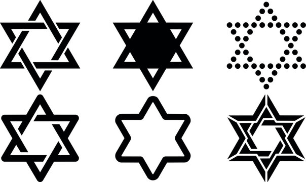 Six black star of david variations vector art designs on white background