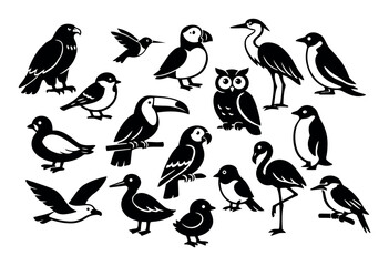 Fototapeta premium Collection of diverse bird species silhouettes. Minimalist black vector icons representing wildlife and nature for design elements