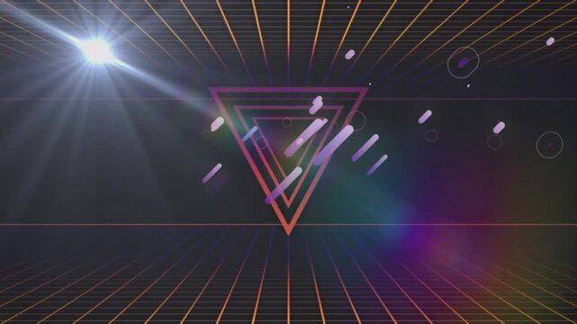 Upper-left lensflare sweeping retro tech void, clearing purple streaks and revealing neon triangle