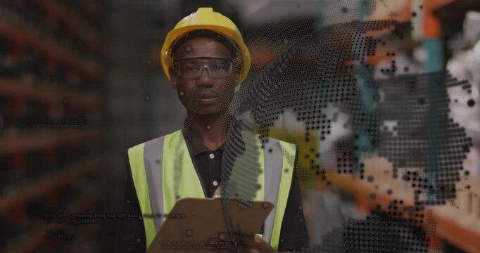 Warehouse worker reading clipboard, dotted map overlay drifting right leading him to speak, smiling