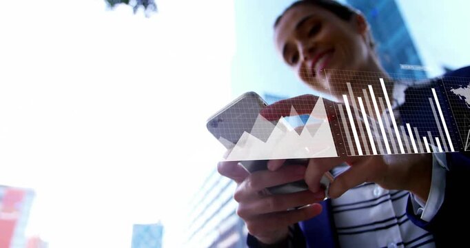 Woman tapping phone on city street seeing HUD finance charts and map shifting aiding decisions