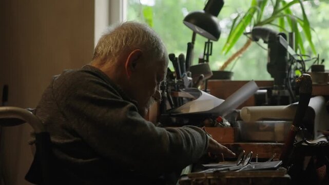 Elderly craftsman working in his old workshop, carefully restoring collectible Japanese bladed weapons